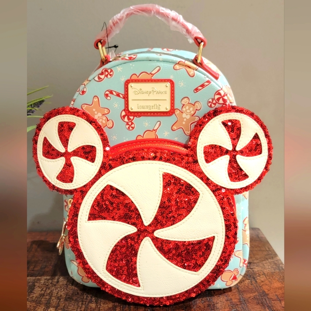 Loungefly Disney Parks 2022 Christmas Peppermint Candy Gingerbread backpack